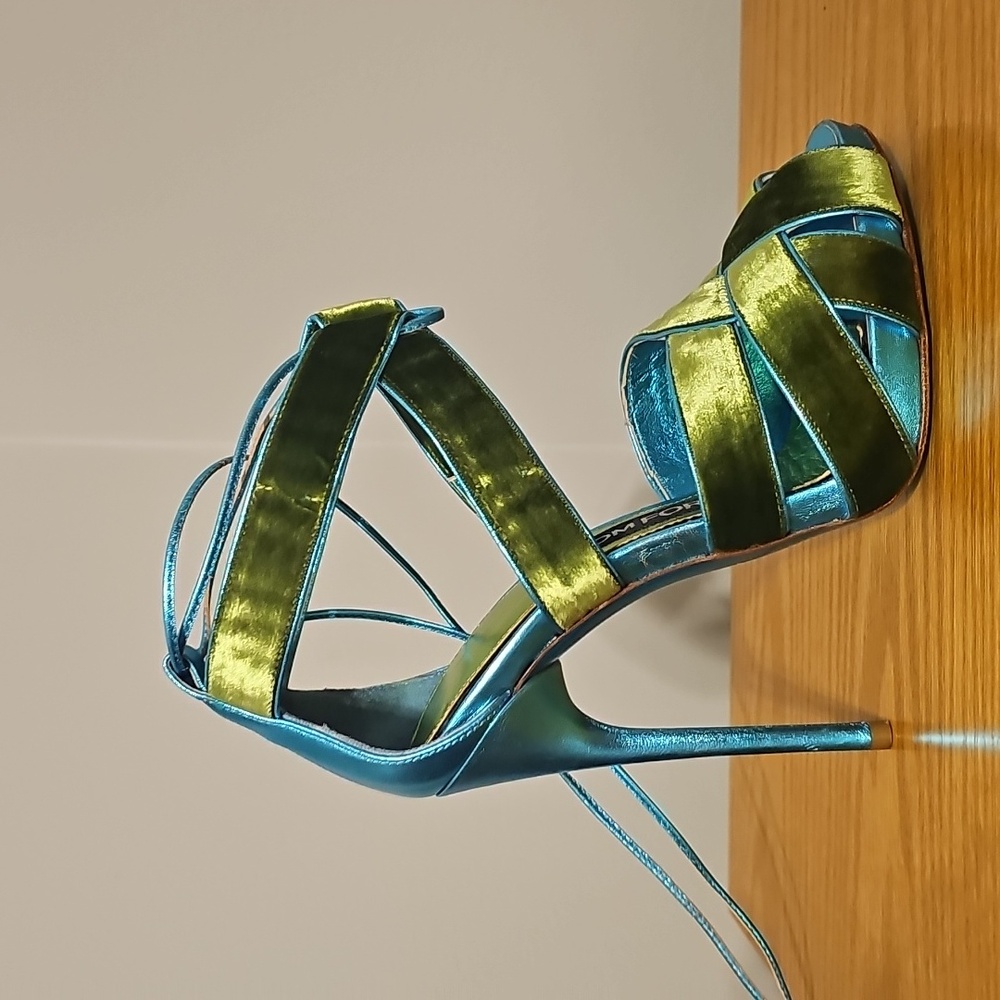 Tom Ford Teal and Lime Green Satin Strappy High Heel Sandals